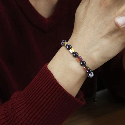 8mm handgemaakte natuurlijke elastische kristalsteen Obsidian Hematite Perlen Armband