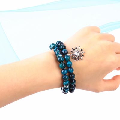 Handgemaakte Elastiek Ronde Turquoise Blauwe Tiger's Eye Stone Perled Stretch Armband