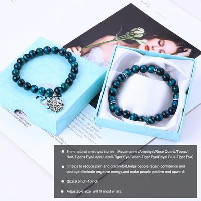 Handgemaakte Elastiek Ronde Turquoise Blauwe Tiger's Eye Stone Perled Stretch Armband