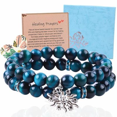 Handgemaakte Elastiek Ronde Turquoise Blauwe Tiger's Eye Stone Perled Stretch Armband