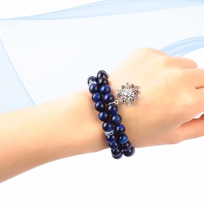 Elastische ronde donkere blauwe 8mm Tiger Eye Edelsteen Armband Genezende energie Charme Juwelen