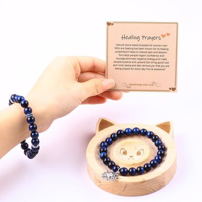 Elastische ronde donkere blauwe 8mm Tiger Eye Edelsteen Armband Genezende energie Charme Juwelen