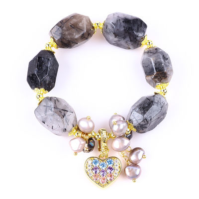Handgemaakte edelsteen armband verstelbare charme zwart rutilaat kwartsarmband natuursteen parel sieraden voor dagelijks dragen