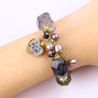 Handgemaakte edelsteen armband verstelbare charme zwart rutilaat kwartsarmband natuursteen parel sieraden voor dagelijks dragen