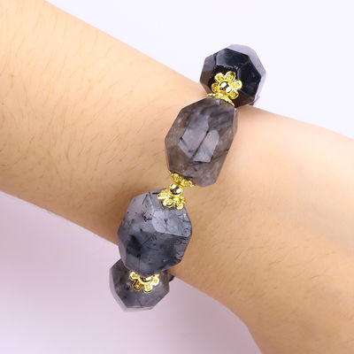 Handgemaakte edelsteen armband verstelbare charme zwart rutilaat kwartsarmband natuursteen parel sieraden voor dagelijks dragen