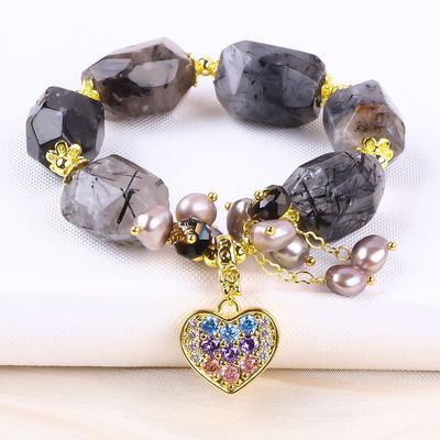 Handgemaakte edelsteen armband verstelbare charme zwart rutilaat kwartsarmband natuursteen parel sieraden voor dagelijks dragen