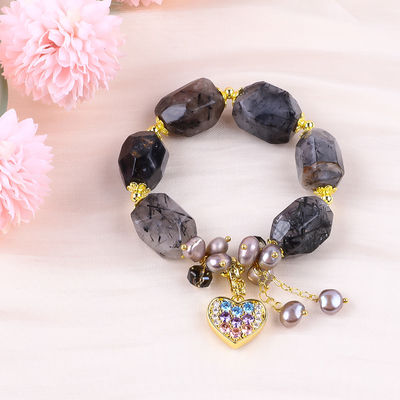 Handgemaakte edelsteen armband verstelbare charme zwart rutilaat kwartsarmband natuursteen parel sieraden voor dagelijks dragen
