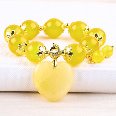 14MM Natuurlijke Energie Gele Chalcedonie Met Gele Jade Hart Snijwerk Gelukskristal Perlen Armband