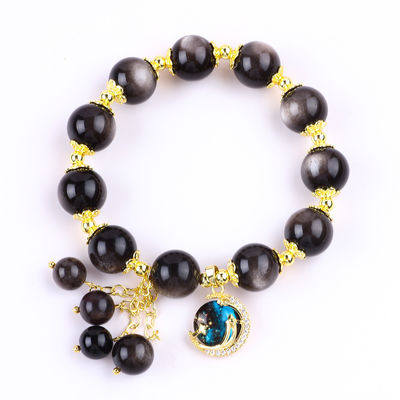 Echte steen 12mm zilveren obsidiaan ronde ster met maan charme kristal kralen armband