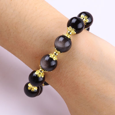 Echte steen 12mm zilveren obsidiaan ronde ster met maan charme kristal kralen armband