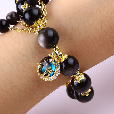 Echte steen 12mm zilveren obsidiaan ronde ster met maan charme kristal kralen armband