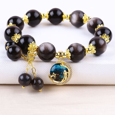 Echte steen 12mm zilveren obsidiaan ronde ster met maan charme kristal kralen armband