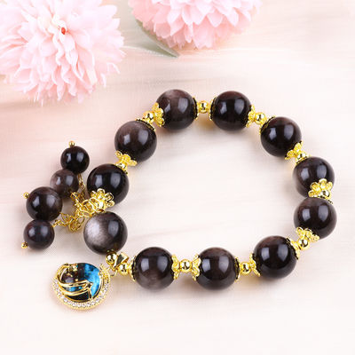 Echte steen 12mm zilveren obsidiaan ronde ster met maan charme kristal kralen armband