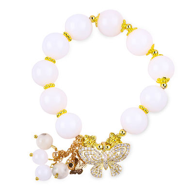 Natuurwitte Agate 14mm Kristal Single Circle Hand String Butterfly Charm Armband Voor Geschenk
