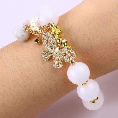Natuurwitte Agate 14mm Kristal Single Circle Hand String Butterfly Charm Armband Voor Geschenk