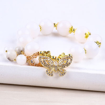 Natuurwitte Agate 14mm Kristal Single Circle Hand String Butterfly Charm Armband Voor Geschenk