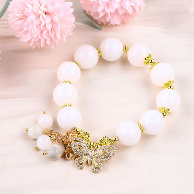 Natuurwitte Agate 14mm Kristal Single Circle Hand String Butterfly Charm Armband Voor Geschenk
