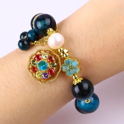 14mm Energy Healing Crystal Blue Tiger Eye Flower Spinner Charm Bead Armband Voor Dagelijks Gebruik