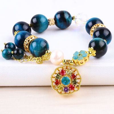 14mm Energy Healing Crystal Blue Tiger Eye Flower Spinner Charm Bead Armband Voor Dagelijks Gebruik