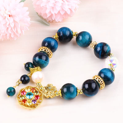 14mm Energy Healing Crystal Blue Tiger Eye Flower Spinner Charm Bead Armband Voor Dagelijks Gebruik
