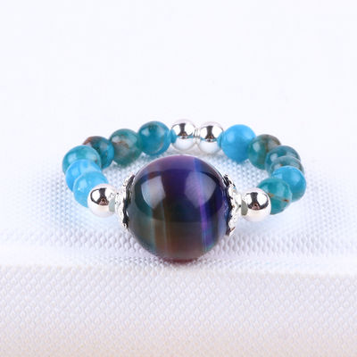 4mm handgemaakte edelsteen kraal ring verstelbare elastische blauwe Apatite steen ring met gekleurde tijger oog kraal voor partij D