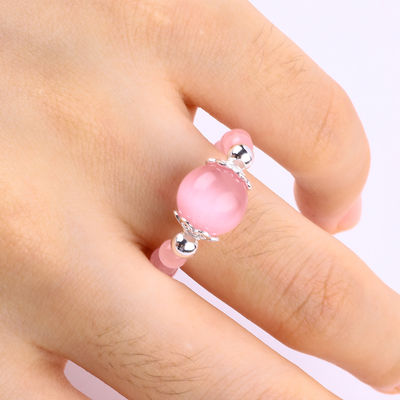 4mm handgemaakte edelsteen kraal ring verstelbare elastische roze katten oog steen ring voor feest dagelijks dragen