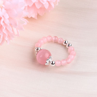 4mm handgemaakte edelsteen kraal ring verstelbare elastische roze katten oog steen ring voor feest dagelijks dragen