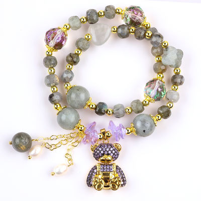Meerdere 7mm Labradorite en zoetwater parel handgemaakte edelsteen paarse beer betoverende kralen armband