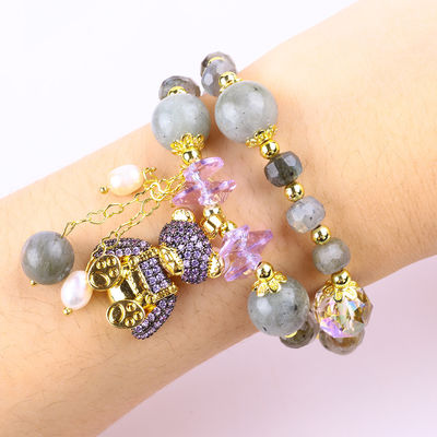 Meerdere 7mm Labradorite en zoetwater parel handgemaakte edelsteen paarse beer betoverende kralen armband