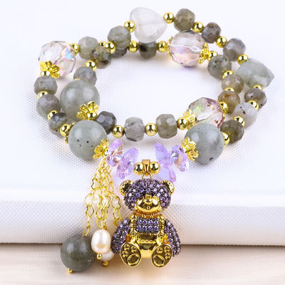 Meerdere 7mm Labradorite en zoetwater parel handgemaakte edelsteen paarse beer betoverende kralen armband