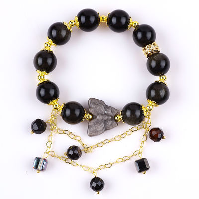 Halve edelsteen gouden obsidiaan met zilveren obsidiaan vlinder ronde vorm kraal armband