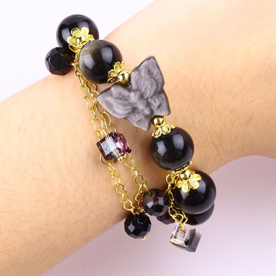 Halve edelsteen gouden obsidiaan met zilveren obsidiaan vlinder ronde vorm kraal armband