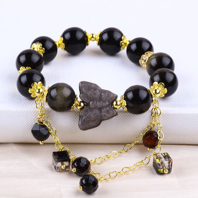Halve edelsteen gouden obsidiaan met zilveren obsidiaan vlinder ronde vorm kraal armband