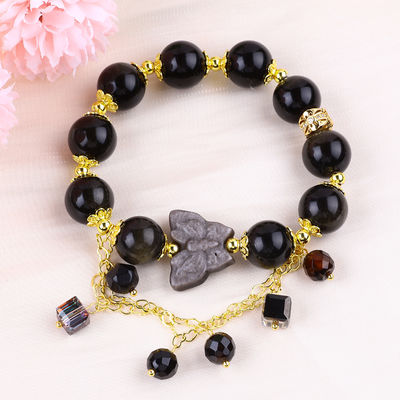 Halve edelsteen gouden obsidiaan met zilveren obsidiaan vlinder ronde vorm kraal armband