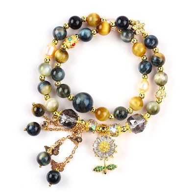 Unieke 8mm met Dream Tiger Eye SunFlower Spinner Charm Blessing Crystal Double Layer Armband