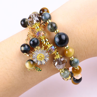 Unieke 8mm met Dream Tiger Eye SunFlower Spinner Charm Blessing Crystal Double Layer Armband