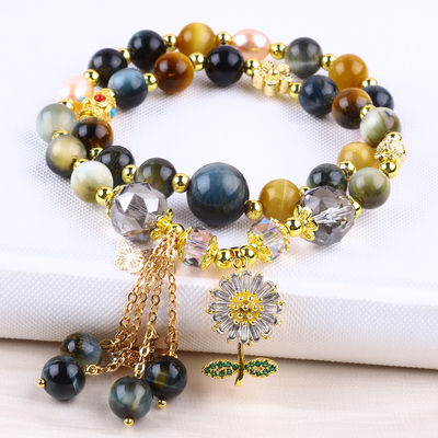 Unieke 8mm met Dream Tiger Eye SunFlower Spinner Charm Blessing Crystal Double Layer Armband