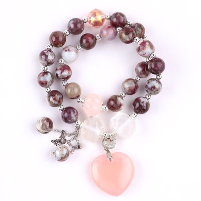 Pulm Blossom Tourmaline Rose Quartz Heart Dangle Charm Stretch Dubbellaag Perlen Armband