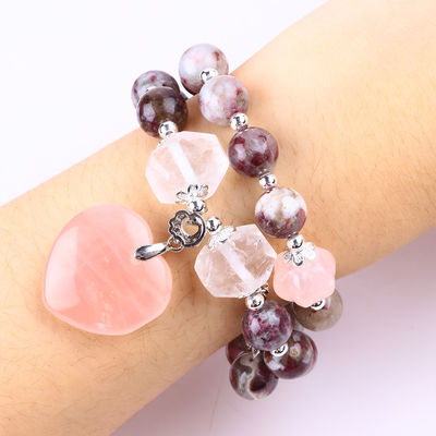 Pulm Blossom Tourmaline Rose Quartz Heart Dangle Charm Stretch Dubbellaag Perlen Armband