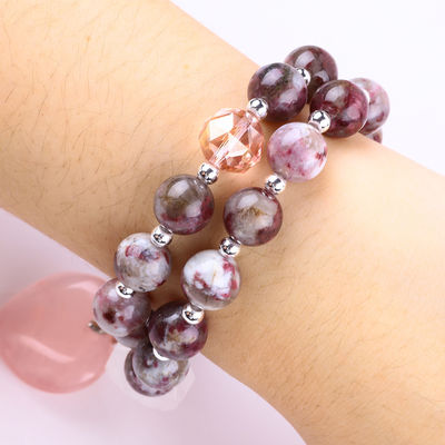 Pulm Blossom Tourmaline Rose Quartz Heart Dangle Charm Stretch Dubbellaag Perlen Armband