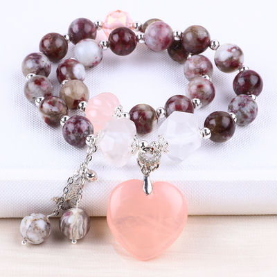 Pulm Blossom Tourmaline Rose Quartz Heart Dangle Charm Stretch Dubbellaag Perlen Armband