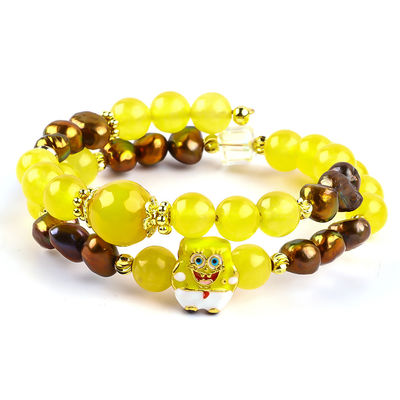 Healing Real Crystal Yellow Chalcedony And Coffee Color Freshwater Pearl Met Spongebob Cartoon Charm Armband