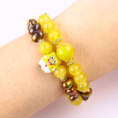 Healing Real Crystal Yellow Chalcedony And Coffee Color Freshwater Pearl Met Spongebob Cartoon Charm Armband