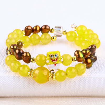 Healing Real Crystal Yellow Chalcedony And Coffee Color Freshwater Pearl Met Spongebob Cartoon Charm Armband