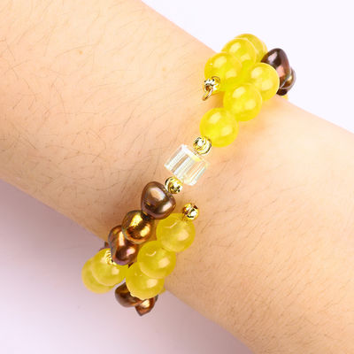 Healing Real Crystal Yellow Chalcedony And Coffee Color Freshwater Pearl Met Spongebob Cartoon Charm Armband