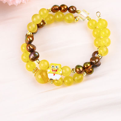 Healing Real Crystal Yellow Chalcedony And Coffee Color Freshwater Pearl Met Spongebob Cartoon Charm Armband