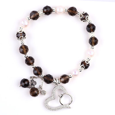 Natuurlijke rookkwarts en witte parel Reiki Healing Elastiek Hart Charm Stretch Armband
