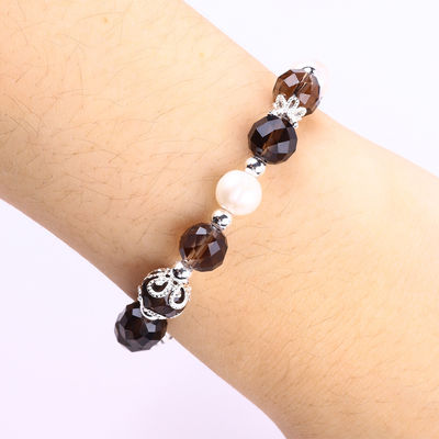 Natuurlijke rookkwarts en witte parel Reiki Healing Elastiek Hart Charm Stretch Armband