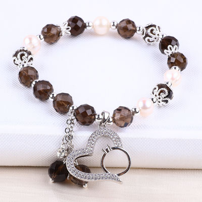 Natuurlijke rookkwarts en witte parel Reiki Healing Elastiek Hart Charm Stretch Armband
