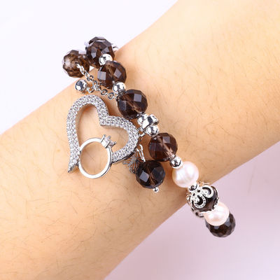 Natuurlijke rookkwarts en witte parel Reiki Healing Elastiek Hart Charm Stretch Armband